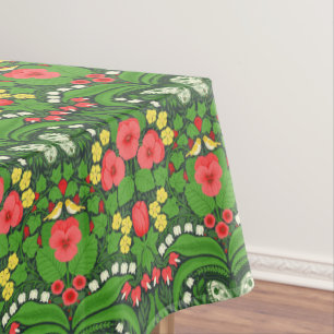 Red pansies, birds and butterflies tablecloth