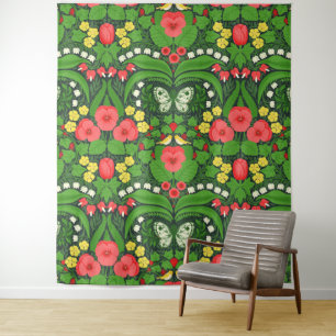 Red pansies, birds and butterflies tapestry