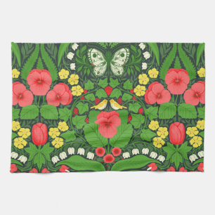 Red pansies, birds and butterflies tea towel