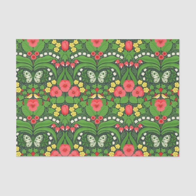 Red pansies, birds and butterflies tissue paper (Front)