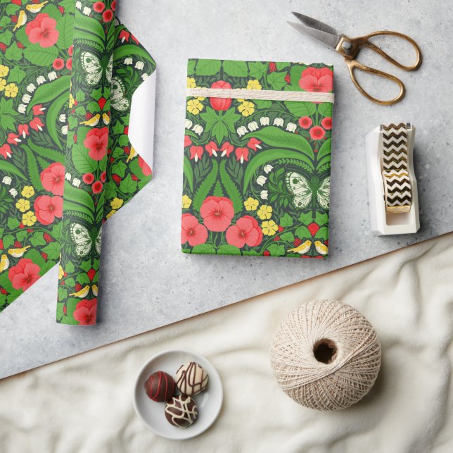 Red pansies, birds and butterflies wrapping paper (Crafts)