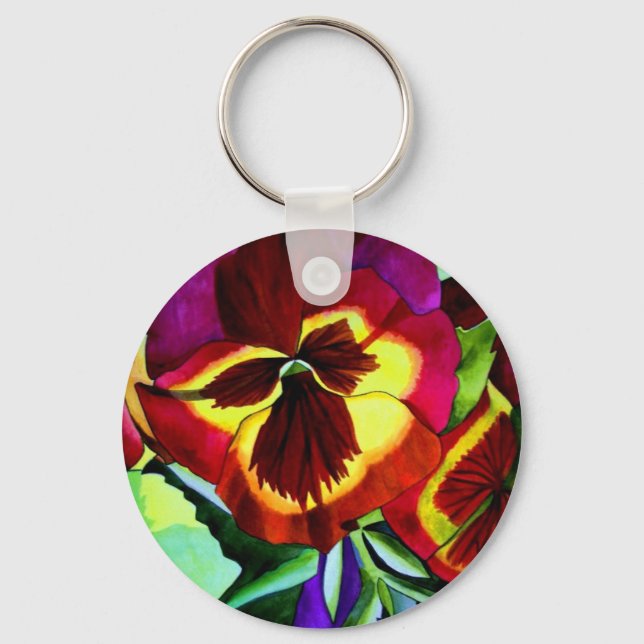 Red pansies watercolor flower original art key ring (Front)
