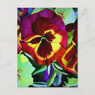 Red pansies watercolor flower original art postcard