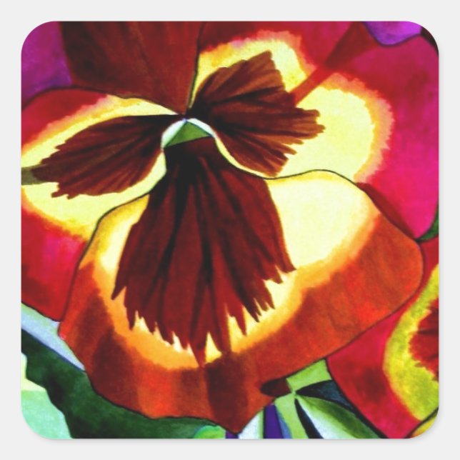 Red pansies watercolor flower original art square sticker (Front)