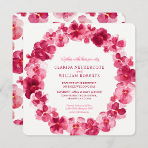 Red pansy watercolor flower wreath wedding invitation