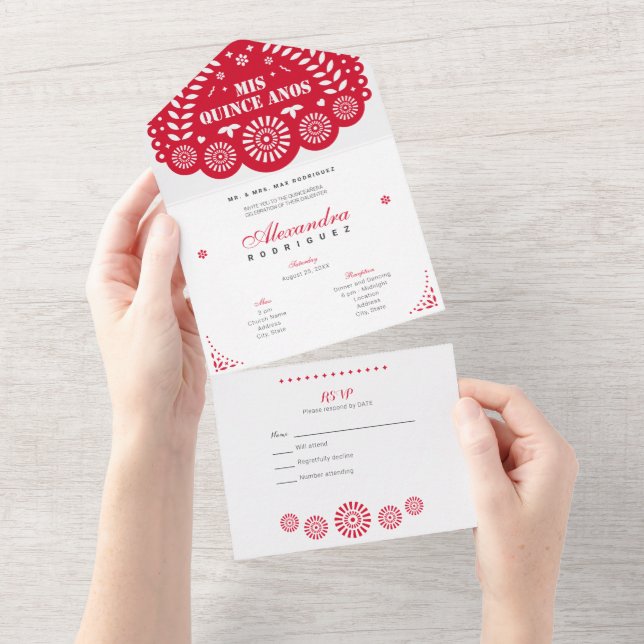Red Papel Picado Mis Quince Años All In One Invitation (Tearaway)