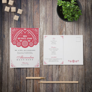 Red Papel Picado Mis Quince Años Invitation Postcard