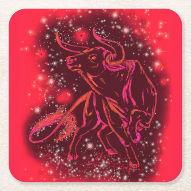 Red Paper Coaster Bull Running At Starry Night (Front)