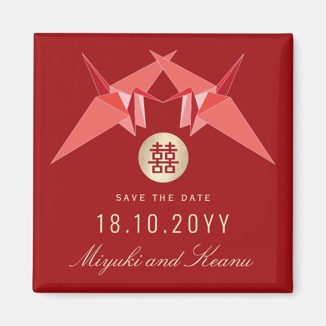 Red Paper Cranes & Double Happiness Save The Date Magnet (Front)