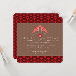 Red Paper Cranes Red Scallop Pattern Asian Wedding Invitation