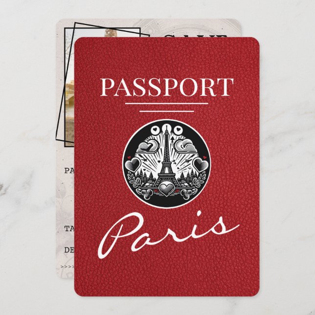 Red Paris Passport Save The Date (Front/Back)