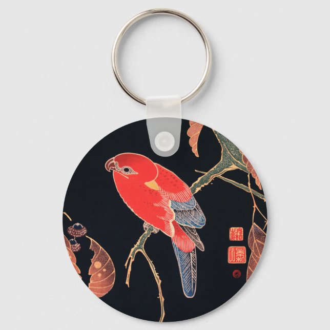 Red Parrot on the Branch of a Tree by Ito Jakuchu Key Ring (Front)