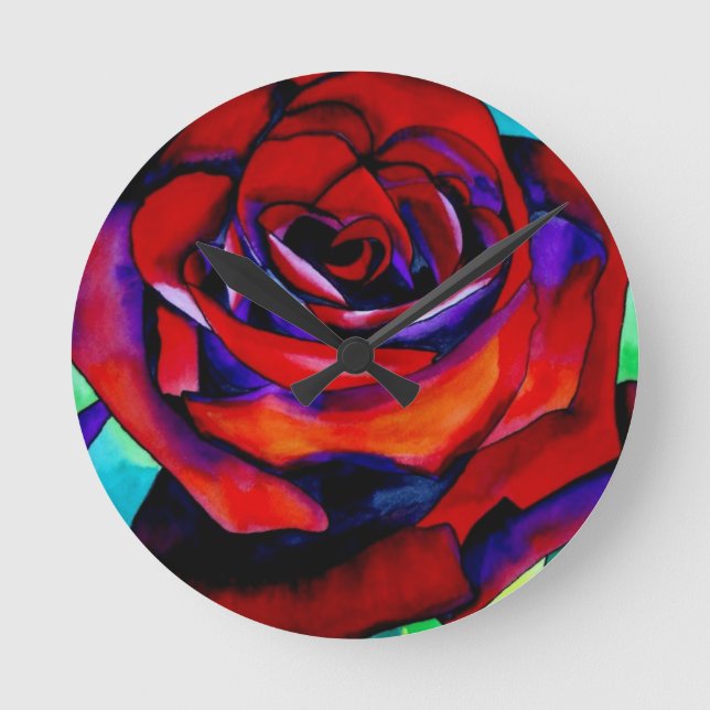 Red passion rose original watercolor art round clock (Front)