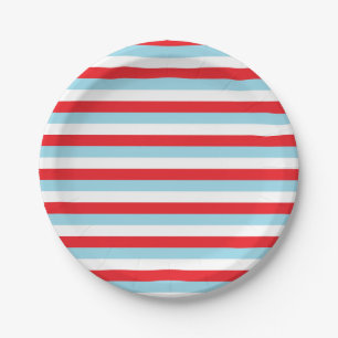 Red, Pastel Blue and White Stripes Paper Plate