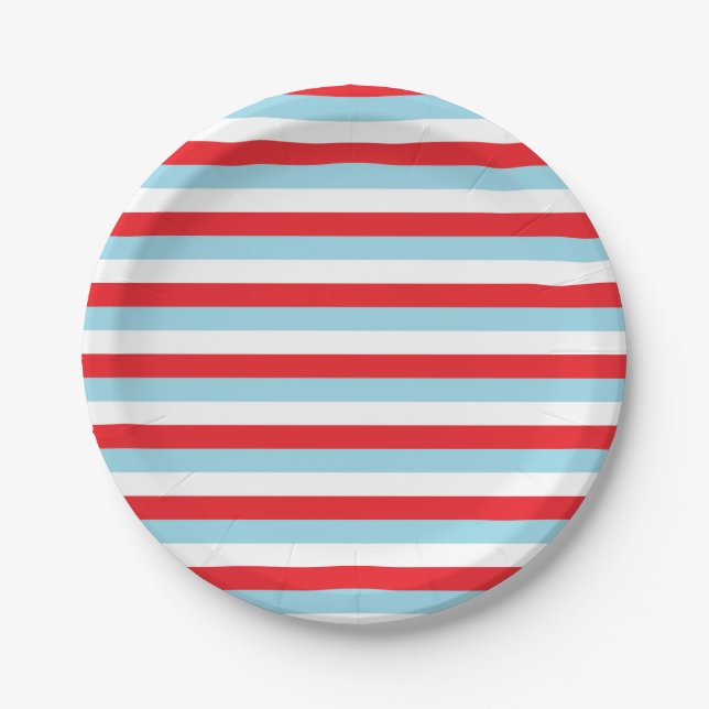 Red, Pastel Blue and White Stripes Paper Plate (Front)