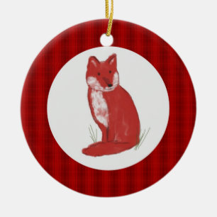 Red Pastel Fox Illustration and Plaid Ornament