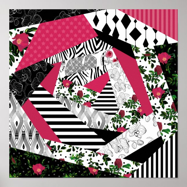 red patchwork, popular, patchwork throw pillow poster (Front)