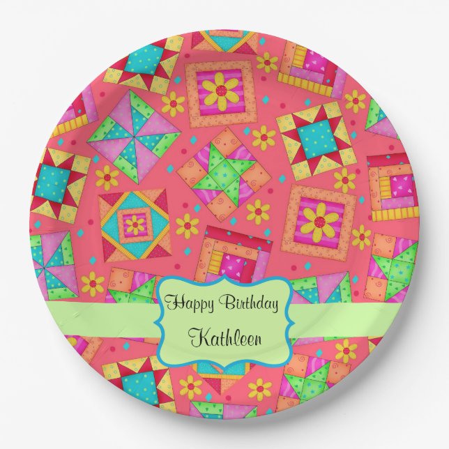Red Patchwork Quilt Block Name Happy Birthday Paper Plate (Front)