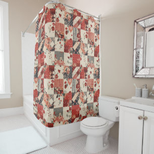 Red Patchwork Quilt Rustic Floral Retro Shower Curtain