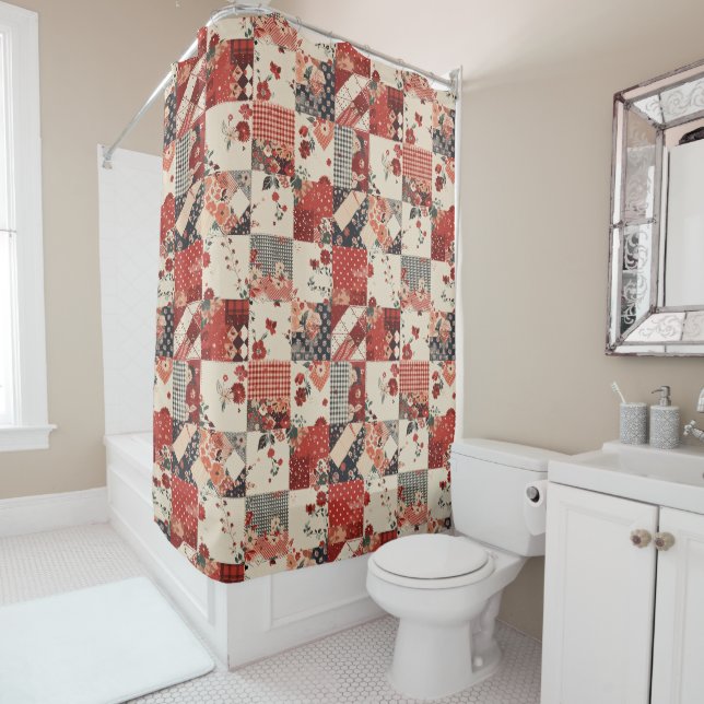 Red Patchwork Quilt Rustic Floral Retro  Shower Curtain (In Situ)