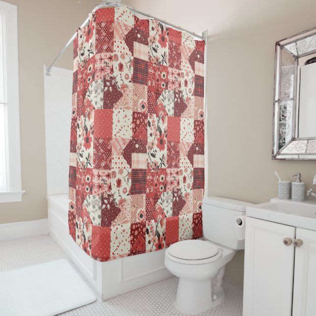 Red Patchwork Quilt Rustic Floral Retro  Shower Curtain (In Situ)