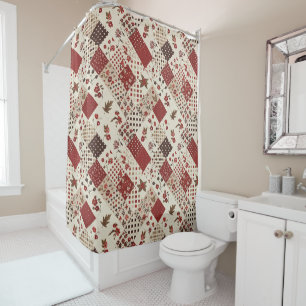 Red Patchwork Quilt Rustic Floral Retro Shower Curtain