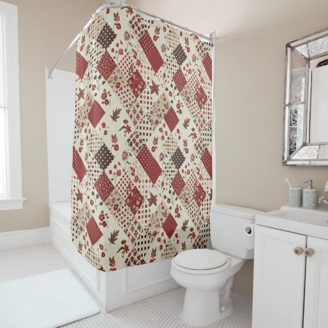 Red Patchwork Quilt Rustic Floral Retro  Shower Curtain (In Situ)