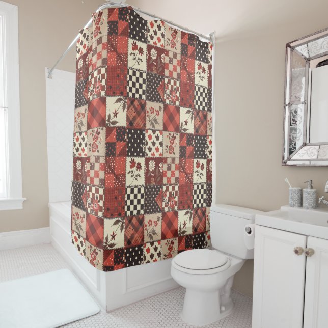 Red Patchwork Quilt Rustic Floral Retro  Shower Curtain (In Situ)