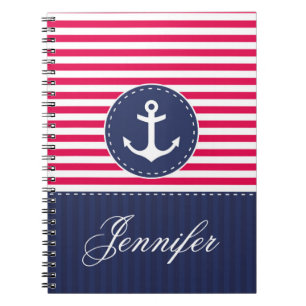 Red Pattern Blue Anchor Personalised Name Notebook