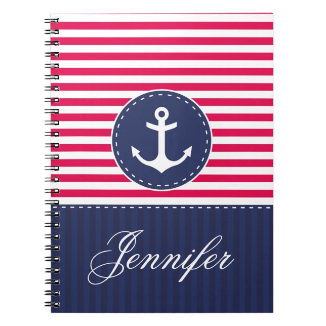 Red Pattern Blue Anchor Personalised Name Notebook (Front)