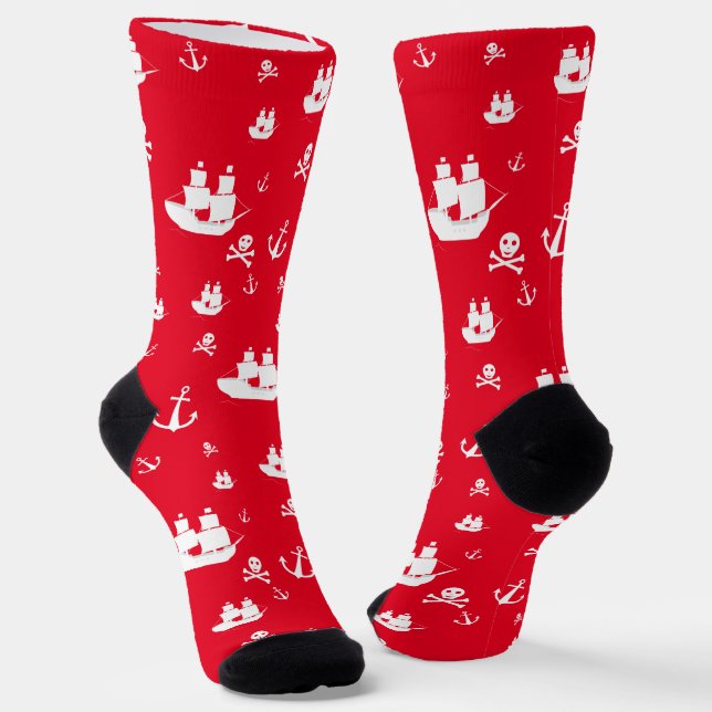 Red Pattern Ship Anchor Pirate Socks (Angled)
