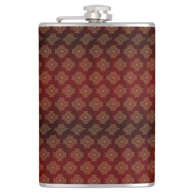Red Patterned Enhanced with Golden Ornate images Hip Flask (Front)