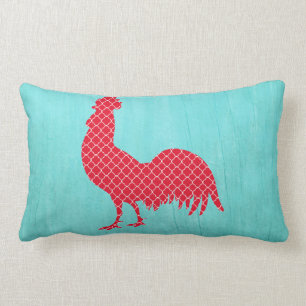 Red Patterned Rooster Silhouette Lumbar Cushion