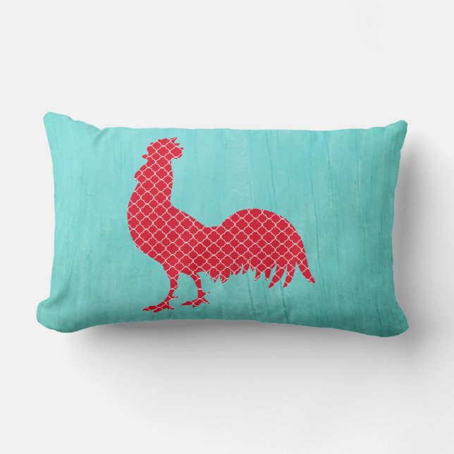 Red Patterned Rooster Silhouette Lumbar Cushion (Front)