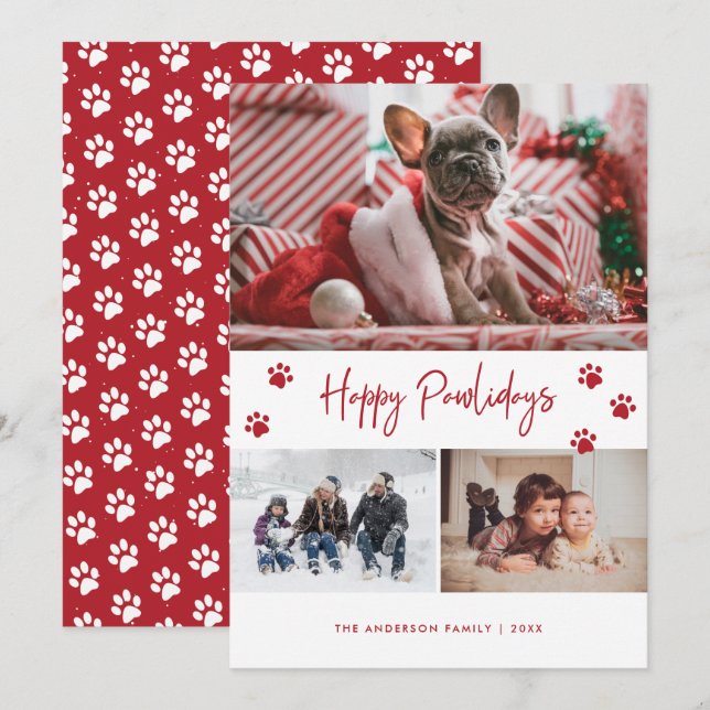 Red Paw Print 3 Photo Collage Happy Pawlidays Pet Holiday Card (Front/Back)