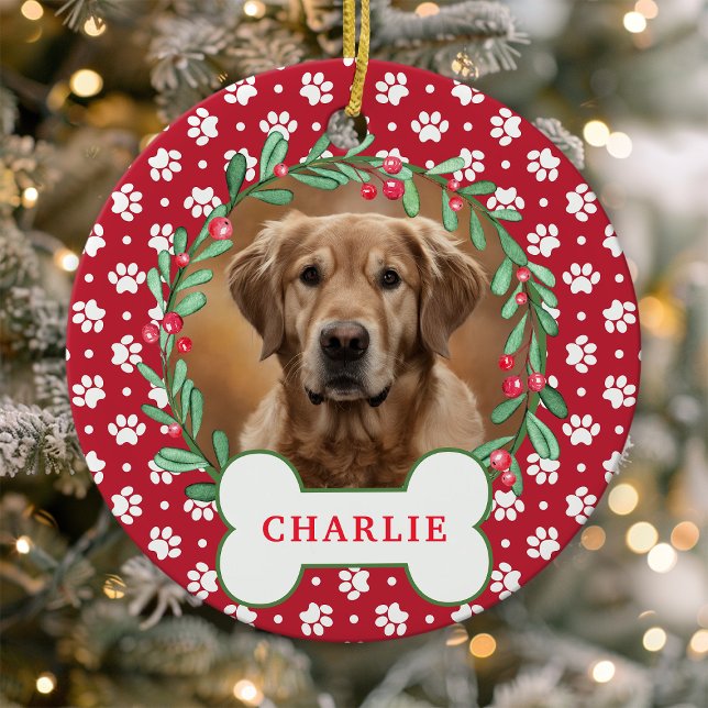 Red Paw Print Dog Photo Christmas Wreath Ceramic Ornament (Creator Uploaded)