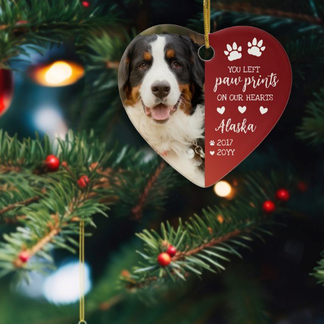 Red Paw Prints On Our Hearts Pet Photo Ceramic Ornament (Creator Uploaded)