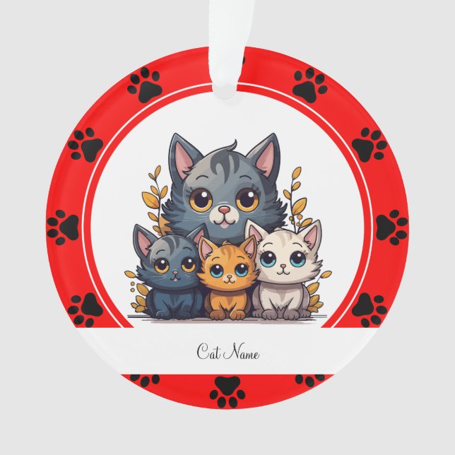 Red Paw Prints Personalised Cat Name Ornament (Front)