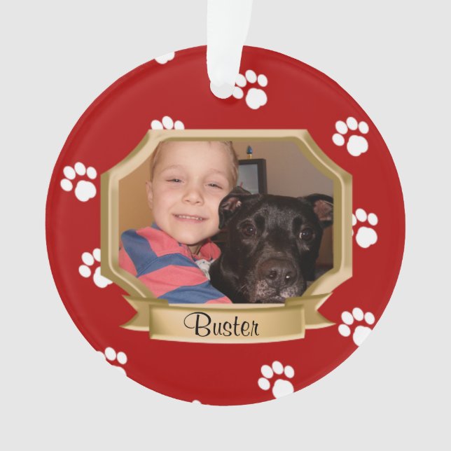 Red Paw Prints Pet Photo Ornament (Front)