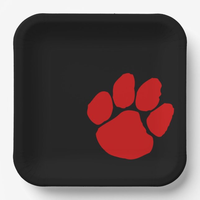 Red Pawprint on Black Paper Party Plates (Front)