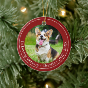 Red Pawprints On Heart In Loving Memory Pet Photo Ceramic Ornament