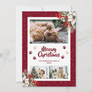 Red Paws Snow Poinsettia Photo Christmas Card