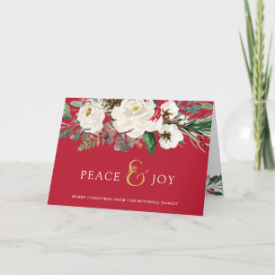 Red Peace and Joy   Floral Merry Christmas Holiday Card