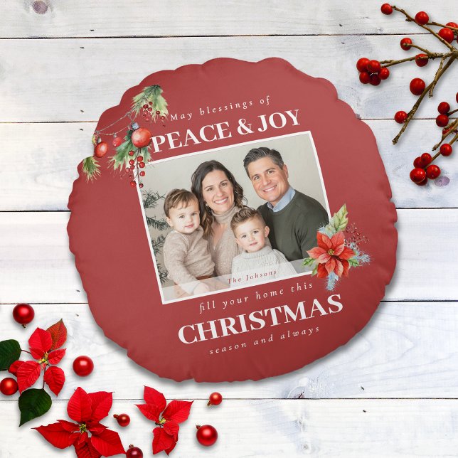 Red Peace and Joy Photo Christmas Round Cushion (Creator Uploaded)
