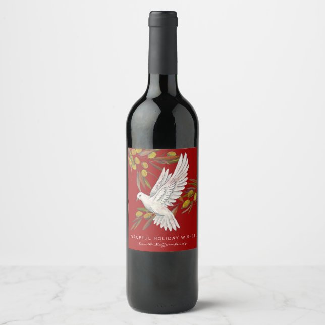 Red Peace Dove and Olive Branches Custom Wine Label (Front)
