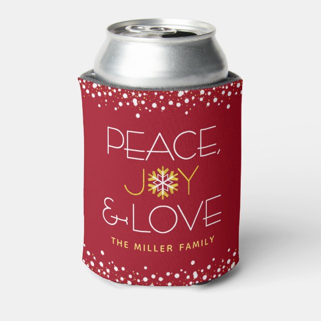 Red Peace Joy Love Christmas Bold Modern Snowflake Can Cooler (Can Back)