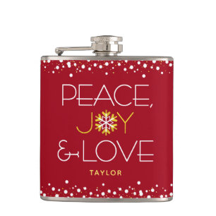 Red Peace Joy Love Christmas Bold Modern Snowflake Hip Flask