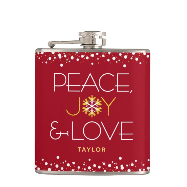 Red Peace Joy Love Christmas Bold Modern Snowflake Hip Flask (Front)
