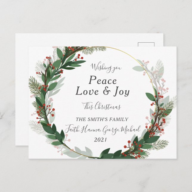 Red Peace Love Joy Family Merry Christmas Postcard (Front/Back)