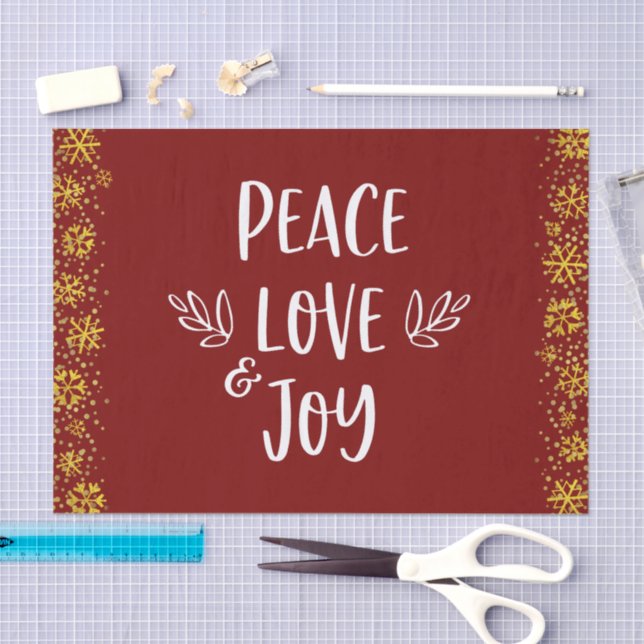 Red Peace Love Joy Quote Typography Gold Snowflake Tissue Paper (Craft)